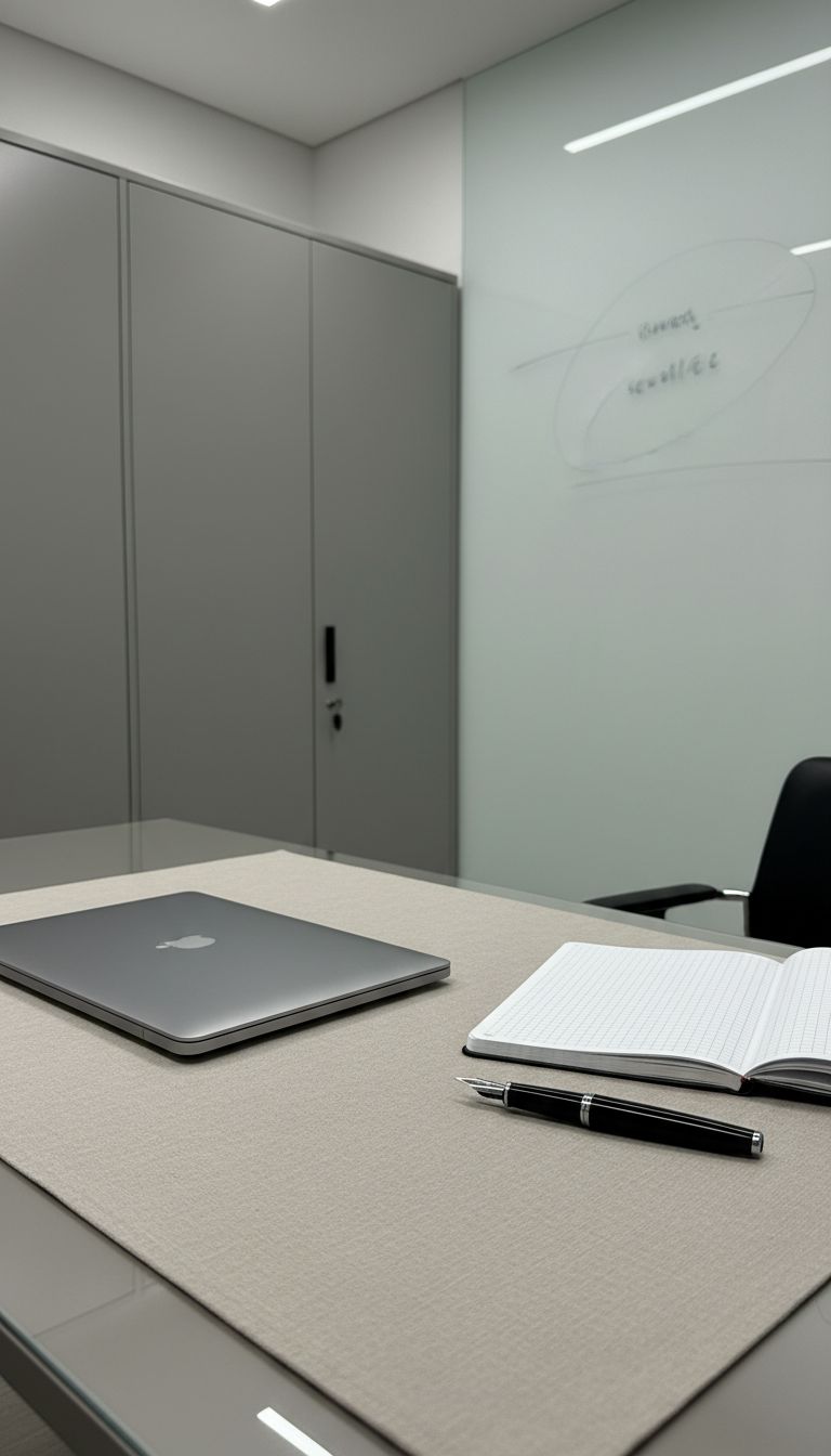 A refined workspace featuring a slim, brushed-steel laptop closed atop a muted linen-blend desk mat, accompanied by an open, grid-lined notepad and an elegant, black fountain pen. In the background, tall, matte-finished filing cabinets and a large, frost-glass whiteboard are visible, suggesting strategic planning. Soft, overhead LED lighting gives an even illumination, highlighting the clean lines and ensuring no harsh glares. The atmosphere is structured and efficient, suited to data-driven consulting. Captured at an eye-level composition with a slightly off-center subject, the scene achieves asymmetrical visual interest while maintaining minimalist credibility. The overall style is clean, modern, and photographic, presenting a trustworthy and professional consulting environment.